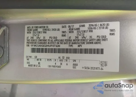 2017 Ford Escape Se z USA, uszkodzony, nr VIN 1FMCU0GD2HUF07220